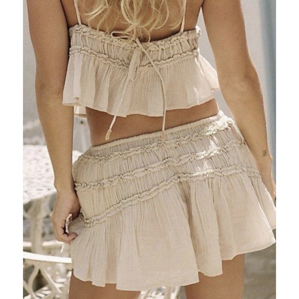 Free People Free- est Boho Gauze Ruffle Two Piece Set Beige Short/Top Cottage - Picture 2 of 8